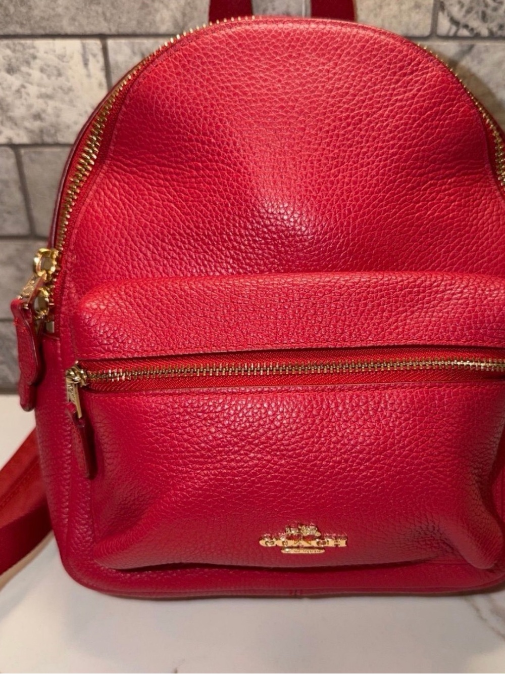 Coach Red Pebbled Leather Mini Backpack with Gold Hardware